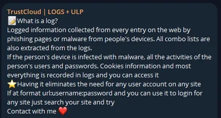 Telegram post from TrustCloud | LOGS + ULP asking what a log is and explaining logs come from phishing pages or malware.