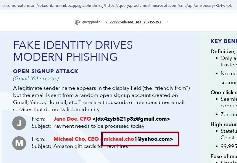 Microsoft PDF page titled Fake Identity Drives Modern Phishing, with a highlighted example sender address on a yahoo.com account.