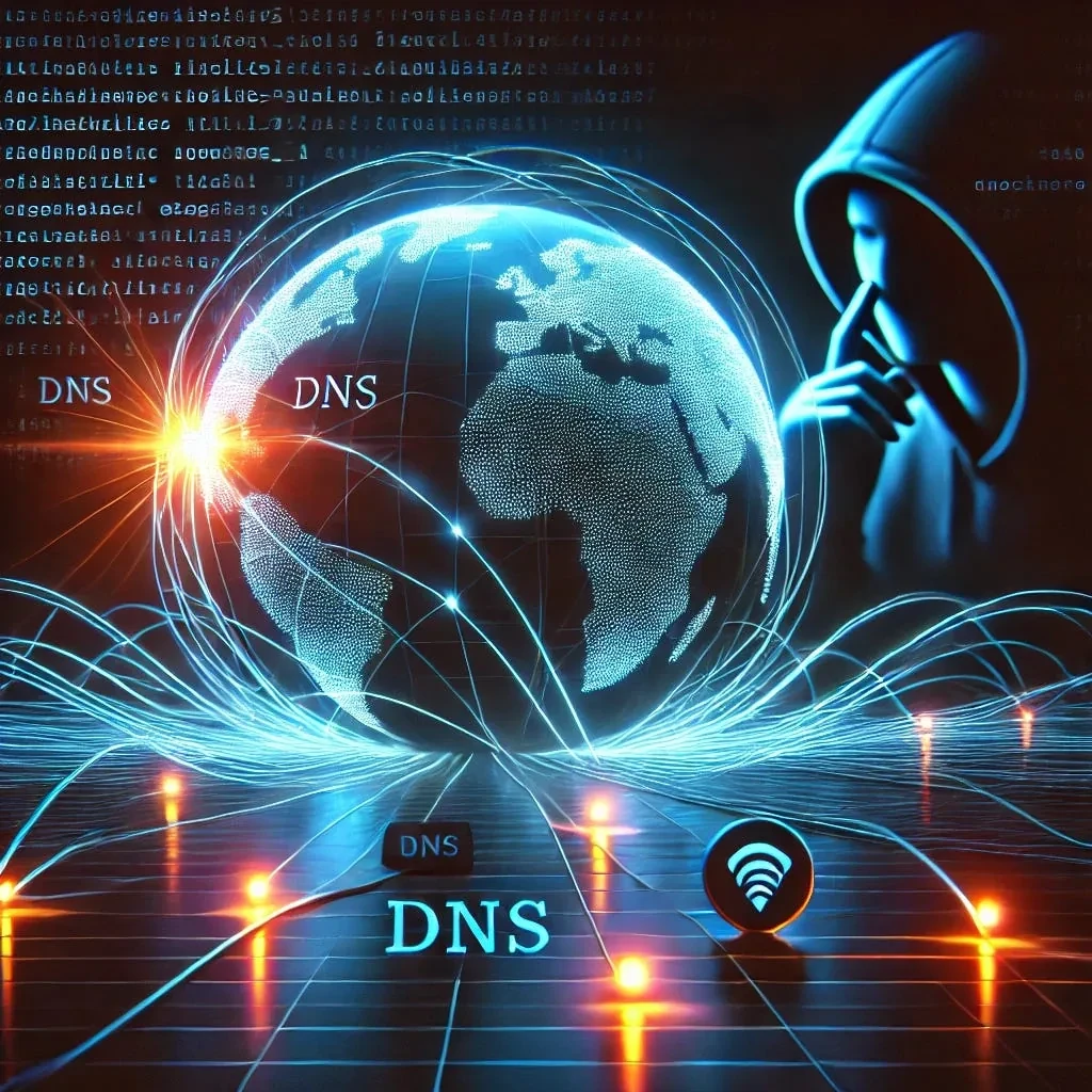 Illustration of a glowing globe wrapped in network lines with DNS labels and a hooded figure on the right