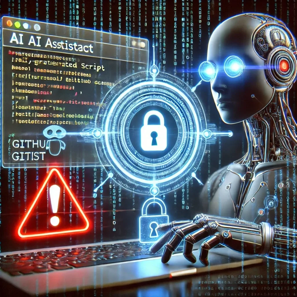 Illustration of a humanoid robot at a laptop, with a code window labeled AI Assistant, a GitHub Gist tag, a padlock and a warning sign.