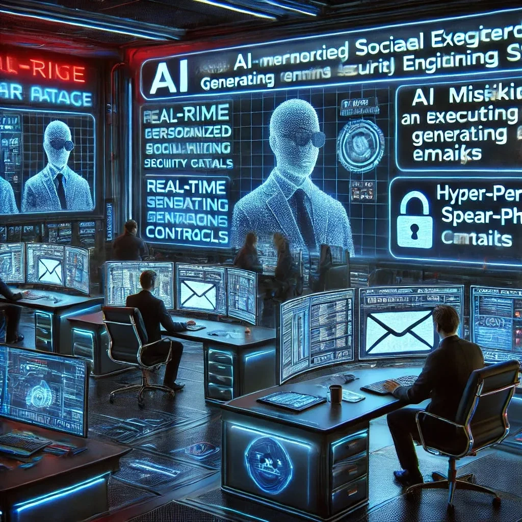 Illustration of a holographic suited figure above an office, with panels about AI-generated executive emails and hyper-personalized spear phishing.