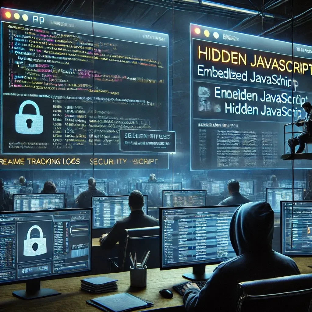 Illustration of an office of monitors with panels reading Hidden JavaScript and tracking logs, with a padlock icon and people at desks.