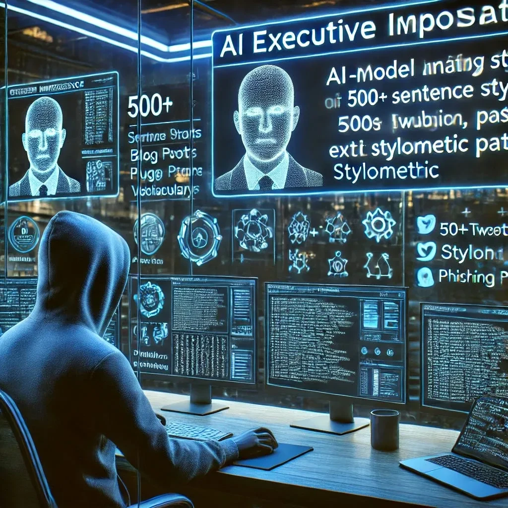 Illustration of a hooded figure at a workstation under a banner reading AI Executive Impersonation, with a face outline and stylometric notes.