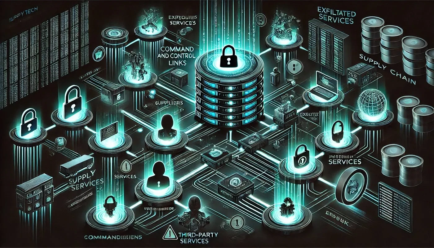 Dark illustration of a central server stack linked to padlocks, supplier icons and third-party service nodes on glowing pedestals.