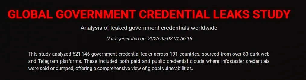 Header of the Global Government Credential Leaks Study with the data generation date 2025-05-02 01:56:19.