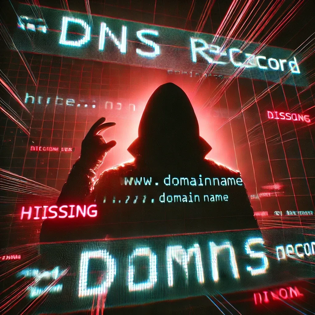 Illustration of a hooded silhouette in red light among floating DNS Record and domain name labels