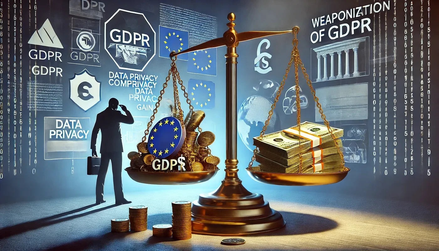 Illustration of a balance scale with EU-flag coins on one side and banknotes on the other, under the heading Weaponization of GDPR.
