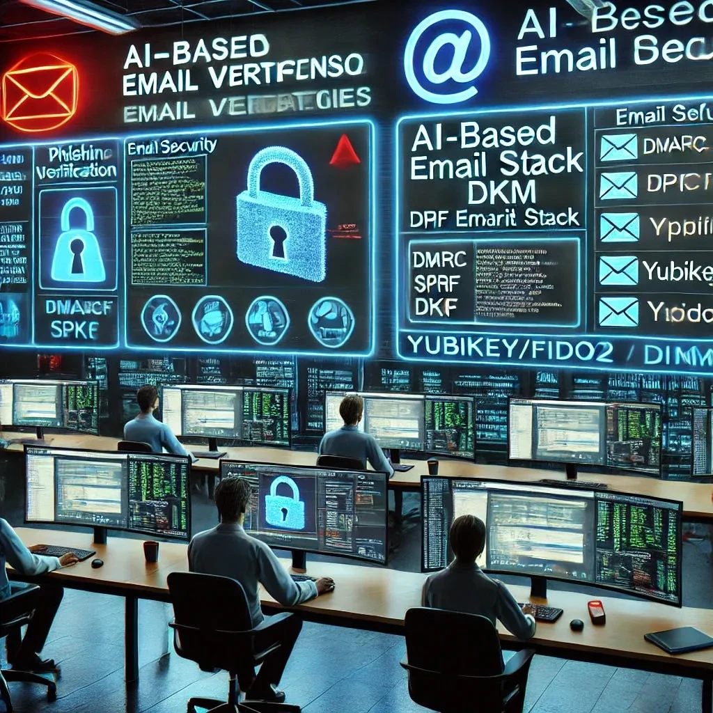 Illustration of staff at curved monitors beneath panels about email verification and email security, listing DMARC, SPF, DKIM and Yubikey FIDO2.
