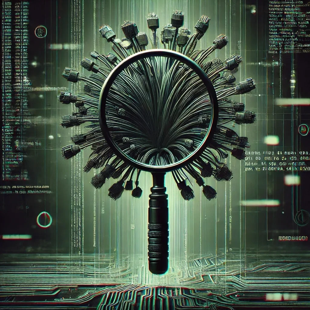 Illustration of a magnifying glass over a fan of network cables on a dark, glitchy circuit-board background.