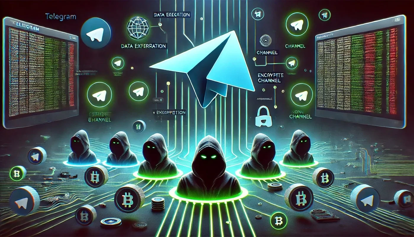Illustration of a large Telegram paper-plane logo above hooded figures and cryptocurrency coins, with encrypted channel labels and data screens.