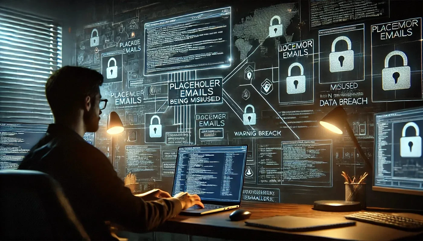 Illustration of a person at a laptop in front of a wall of screens and padlocks labelled Placeholder Emails Being Misused and Data Breach.