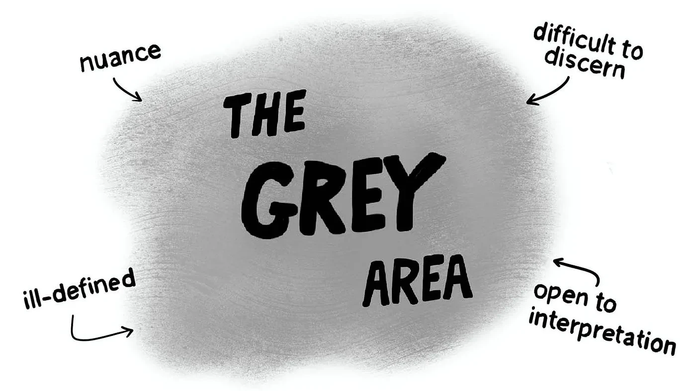 Hand-drawn grey cloud titled The Grey Area, with the notes nuance, difficult to discern, ill-defined and open to interpretation.