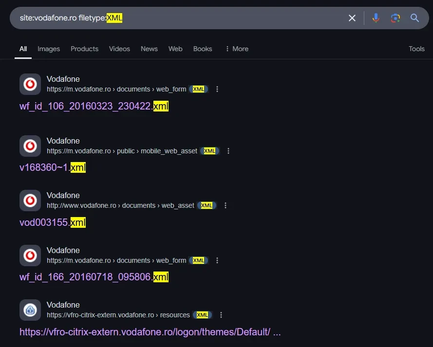 Google results for site:vodafone.ro filetype:XML listing several public XML files on vodafone.ro domains.