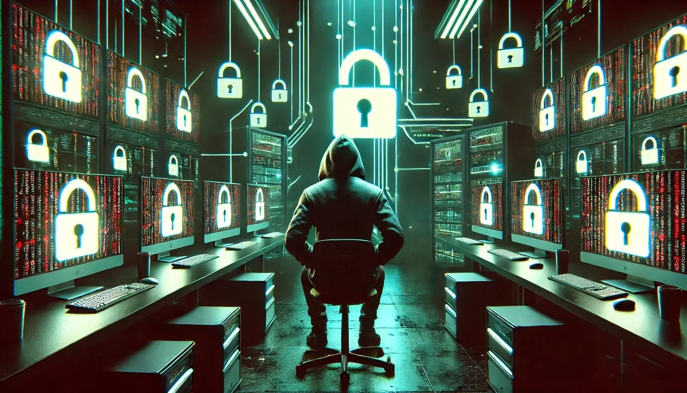 Illustration of a hooded figure seen from behind in a dark server room, surrounded by monitors showing glowing padlocks.