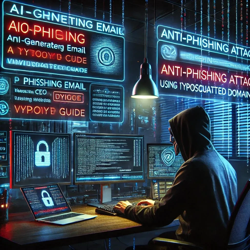 Illustration of a hooded figure typing in a dark room, with panels reading Phishing Email and Anti-Phishing Guide and padlock icons on monitors.