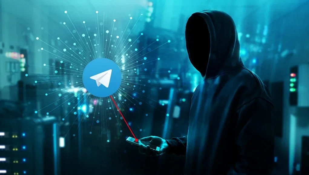Illustration of the Telegram logo at the center of a network of dots, with a hooded figure holding a phone.