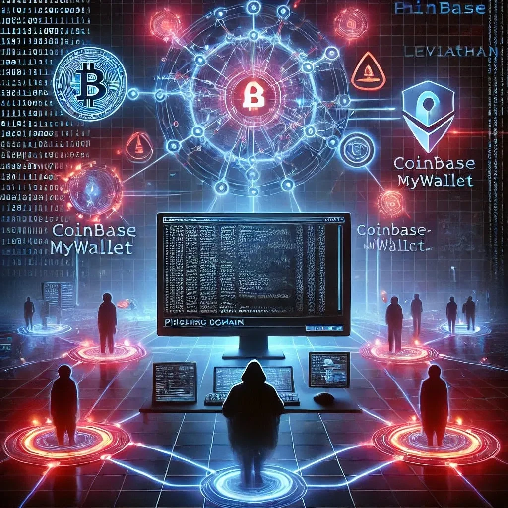 Illustration of a hooded figure at a monitor surrounded by network nodes, a Bitcoin symbol and Coinbase MyWallet labels