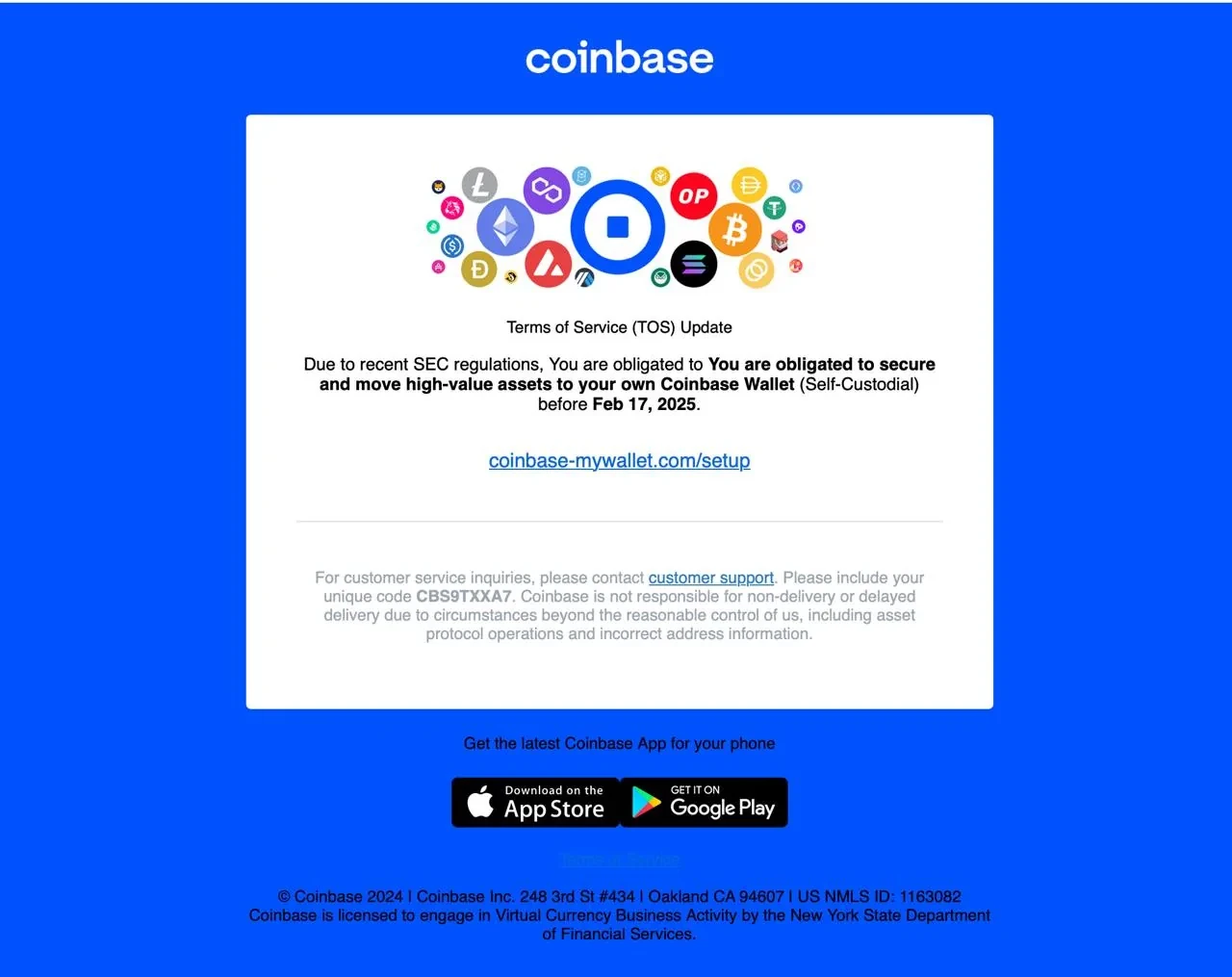 Fake Coinbase terms of service email urging users to move assets to a wallet via coinbase-mywallet.com/setup before Feb 17, 2025