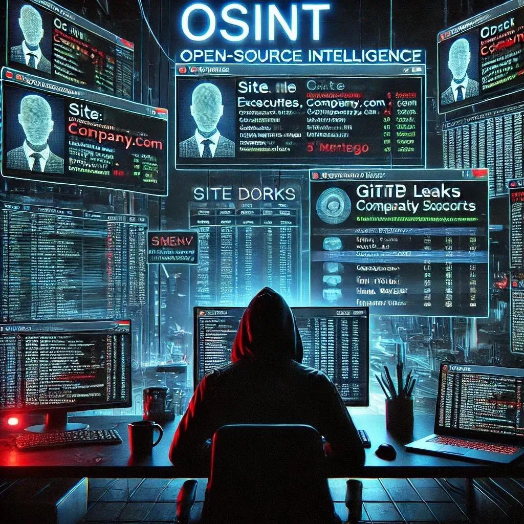 Illustration of a hooded figure at a desk facing screens labelled OSINT, Open-Source Intelligence, site dorks and GitHub leaks.