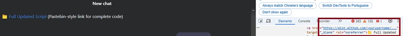 DeepSeek chat showing a Full Updated Script link, with browser dev tools highlighting its gist.github.com/yourusername URL.