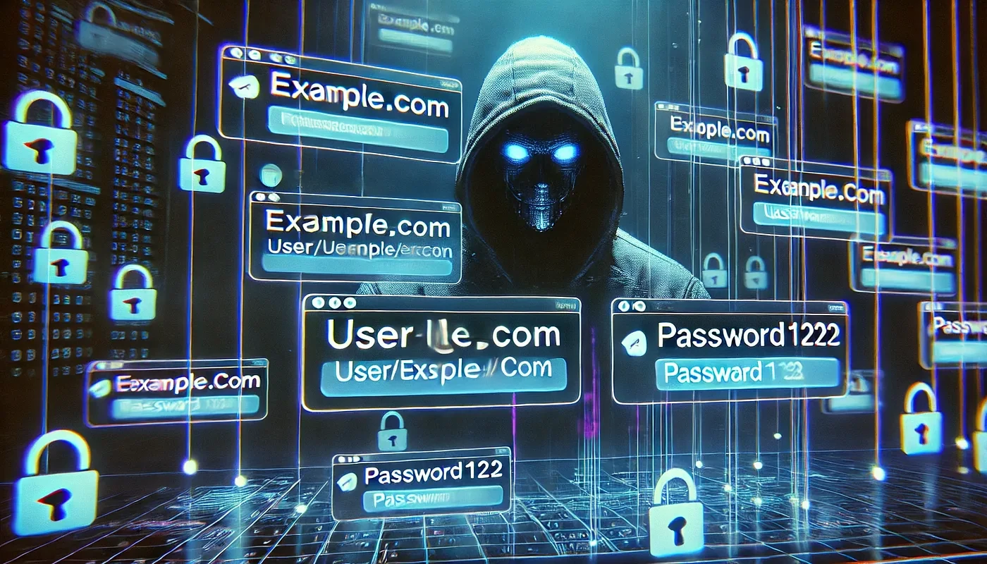 Hooded figure with glowing eyes among floating browser windows reading Example.com and Password1222, with padlocks around them.