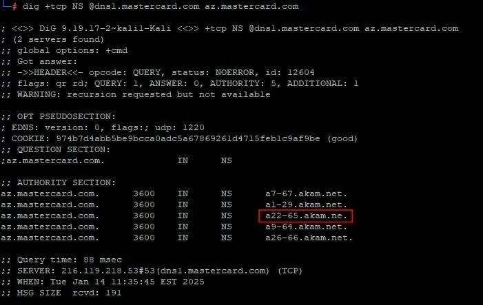 Terminal output of a dig NS query for az.mastercard.com with the typo a22-65.akam.ne highlighted in a red box