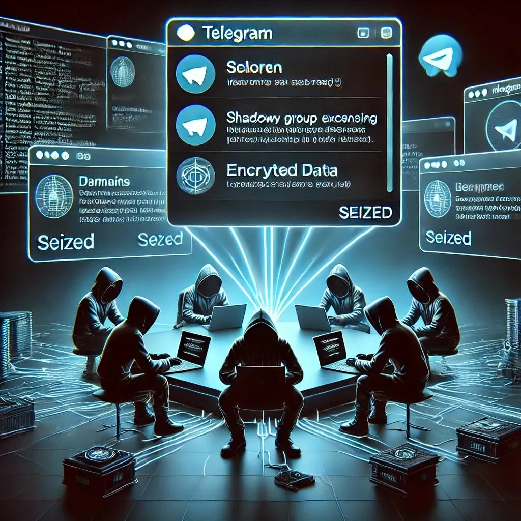 Illustration of hooded figures at laptops around a table, with Telegram windows above them marked Seized.