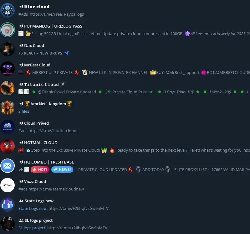 Telegram list of cloud channels such as Blue cloud, PUPMANLOG, Titanic Cloud and HOTMAIL CLOUD, each with an ad for private logs.