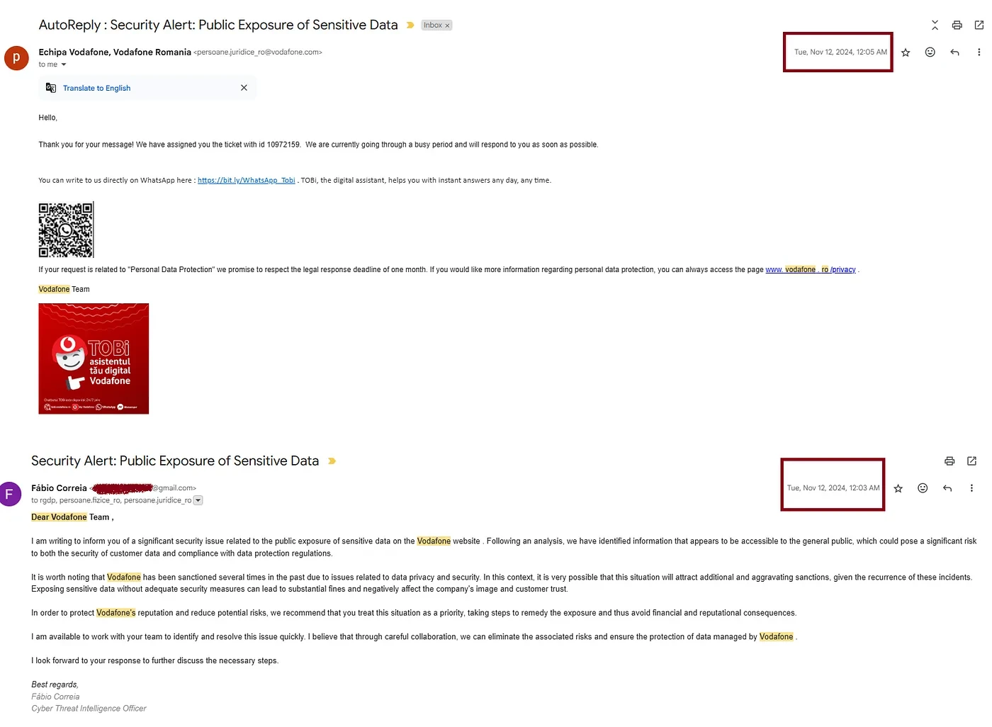 Email thread dated 12 November 2024: a disclosure titled Security Alert: Public Exposure of Sensitive Data and Vodafone’s generic auto-reply with a ticket ID.