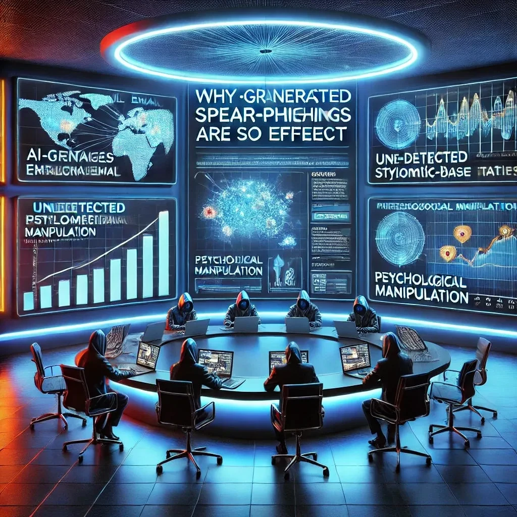 Illustration of hooded figures at a round table facing screens titled Why AI-Generated Spear-Phishing Is So Effective, with charts and a world map.
