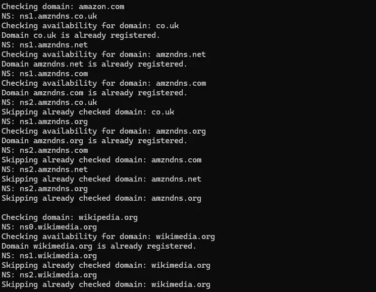 Console output of the Python script checking amazon.com and wikipedia.org nameserver domains for registration