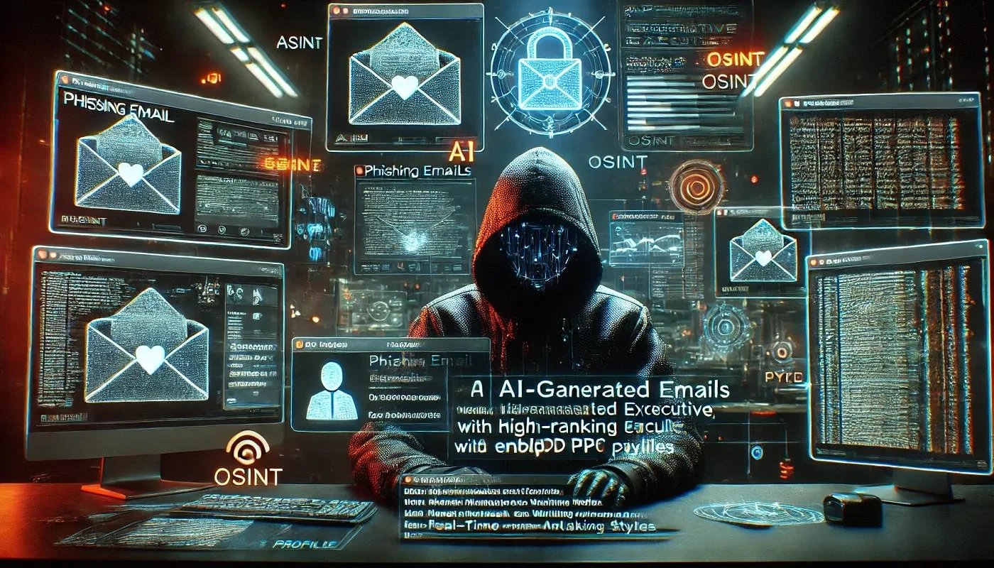 Illustration of a hooded figure at a desk surrounded by screens showing phishing emails, OSINT labels and AI-generated email panels.