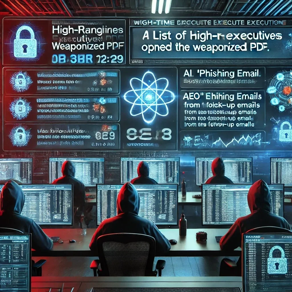 Illustration of hooded figures at monitors under a screen about a weaponized PDF opened by a list of high-ranking executives.