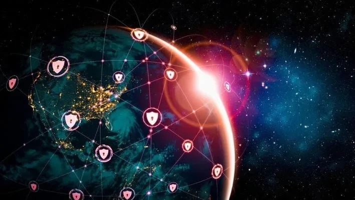 Illustration of the globe at sunrise with a network of shield icons connecting the continents.