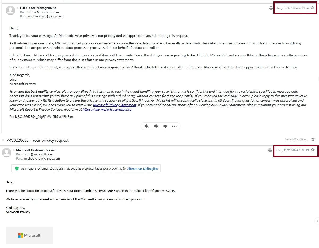 Two Microsoft Privacy emails: a ticket confirmation, and a reply saying Microsoft is a data processor and the request should go to the data controller.