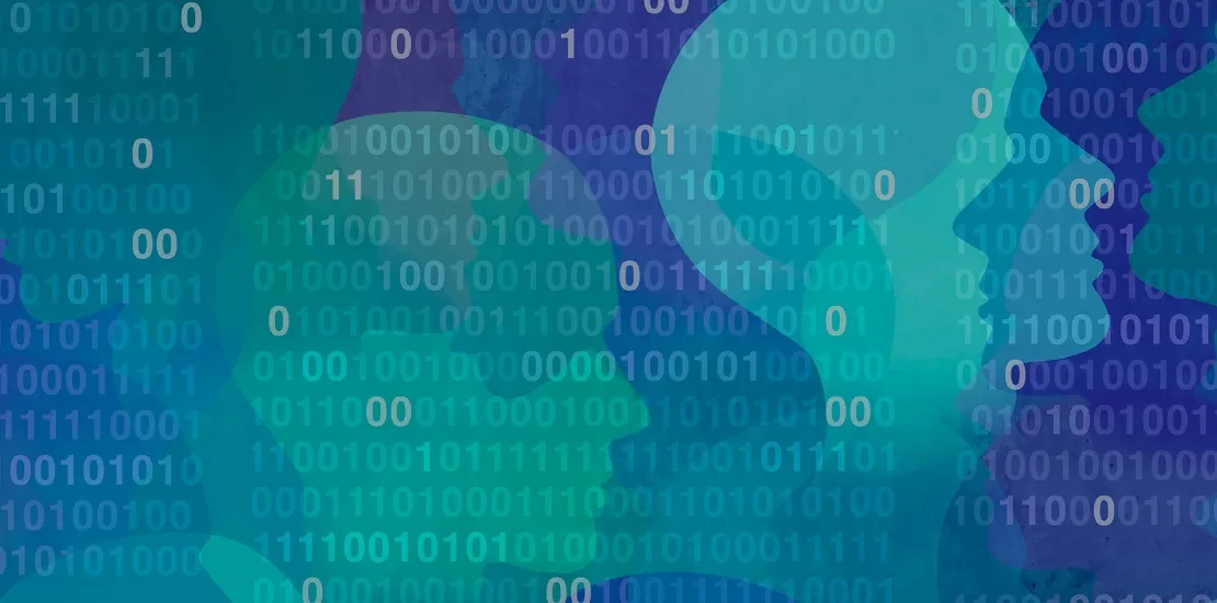 Abstract illustration of human head silhouettes overlaid with binary digits in blue and teal.