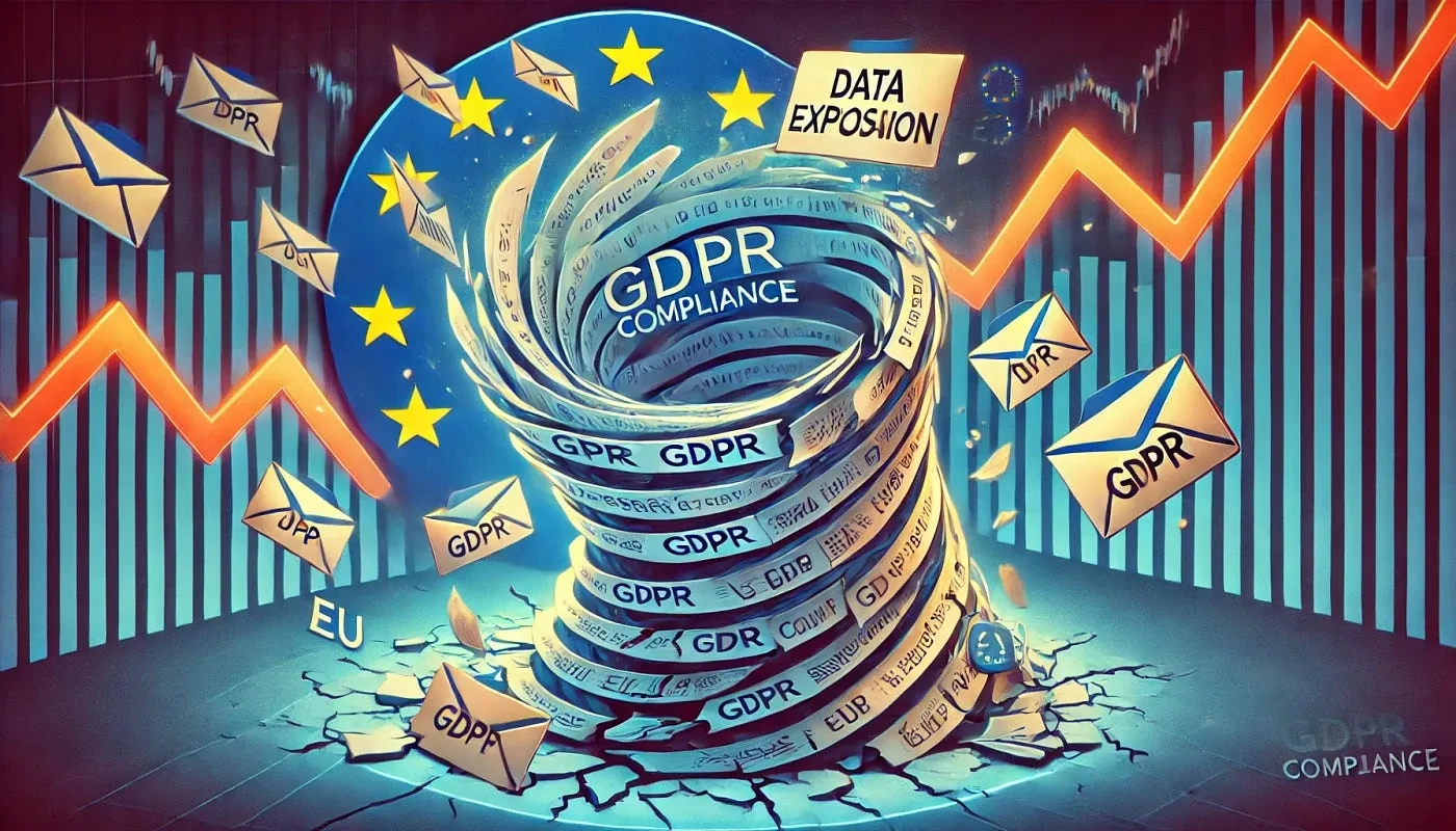 Illustration of a paper vortex labelled GDPR Compliance in front of an EU flag circle, with envelopes, a Data Exposition note and red stock chart lines.