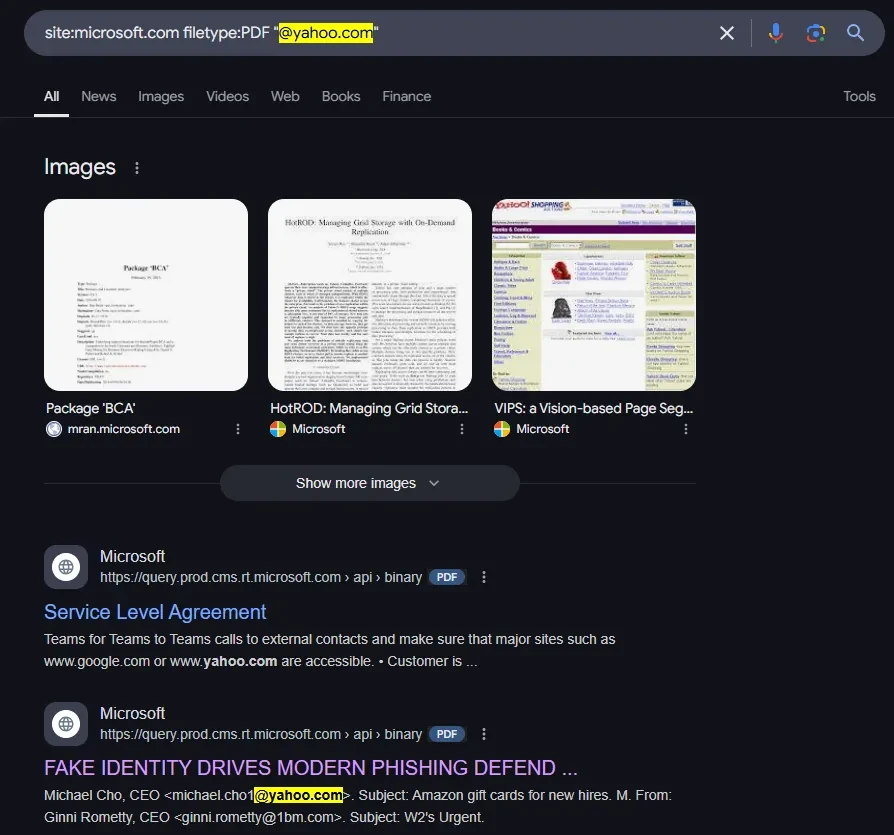Google results for site:microsoft.com filetype:PDF "@yahoo.com", showing a Microsoft PDF snippet that lists a placeholder CEO address.